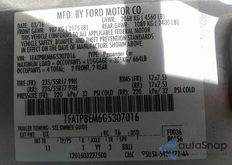 2016 Ford Mustang V6 из США, поврежденный, VIN 1FATP8EM6G5307016